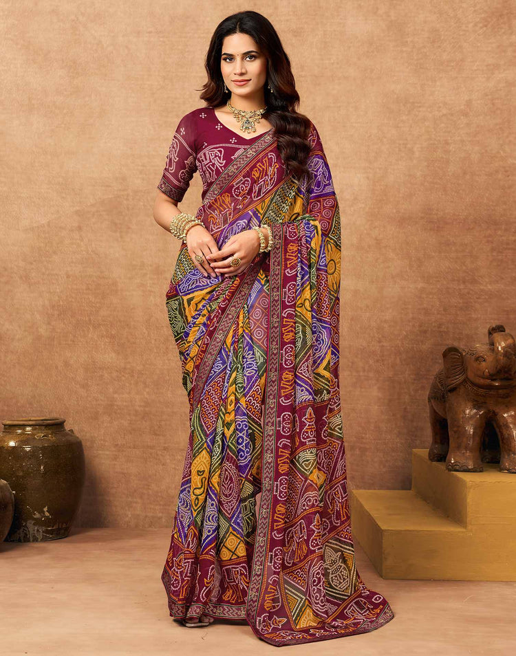 Maroon Georgette Bandhani Printed Lace Saree