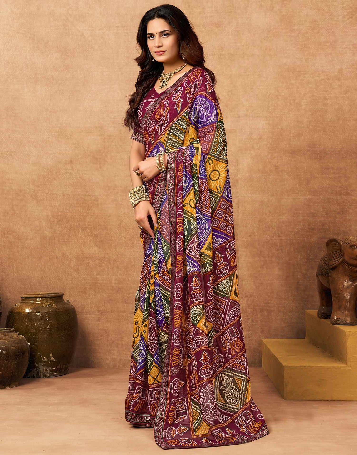 Maroon Georgette Bandhani Printed Lace Saree