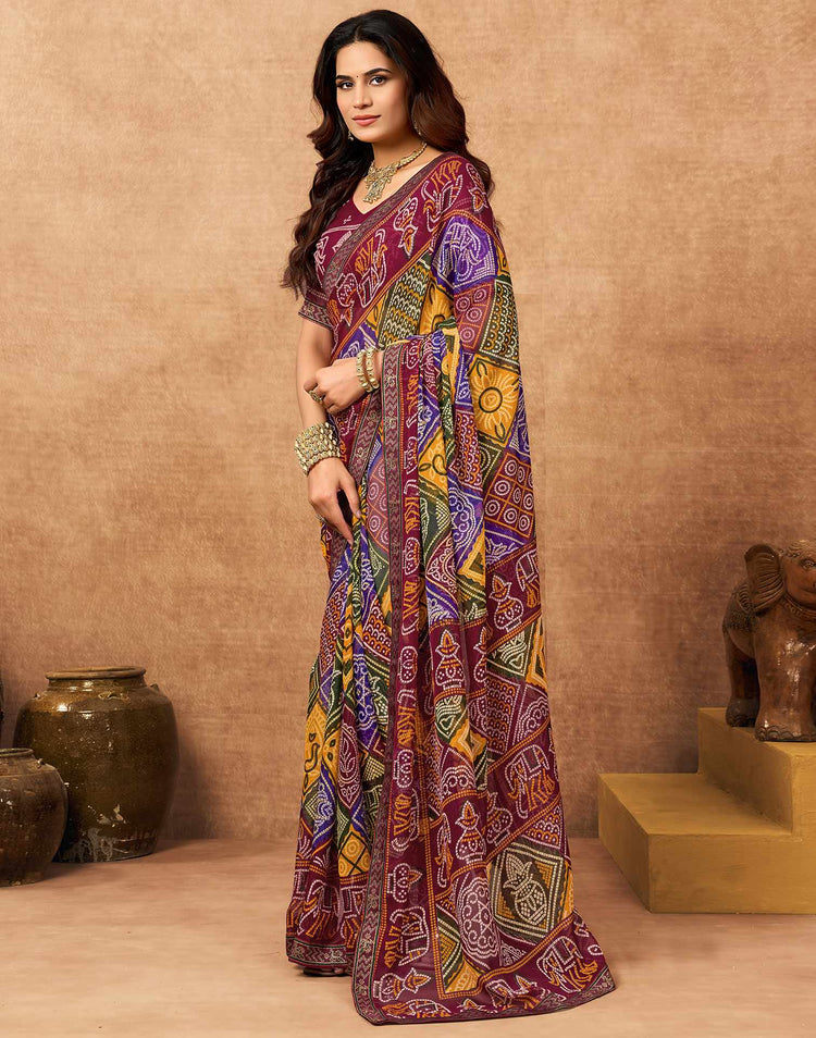 Maroon Georgette Bandhani Printed Lace Saree