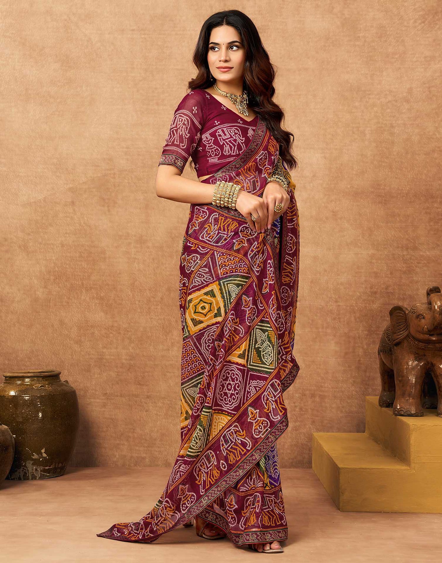 Maroon Georgette Bandhani Printed Lace Saree