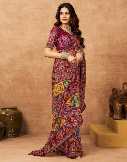 Maroon Georgette Bandhani Printed Lace Saree