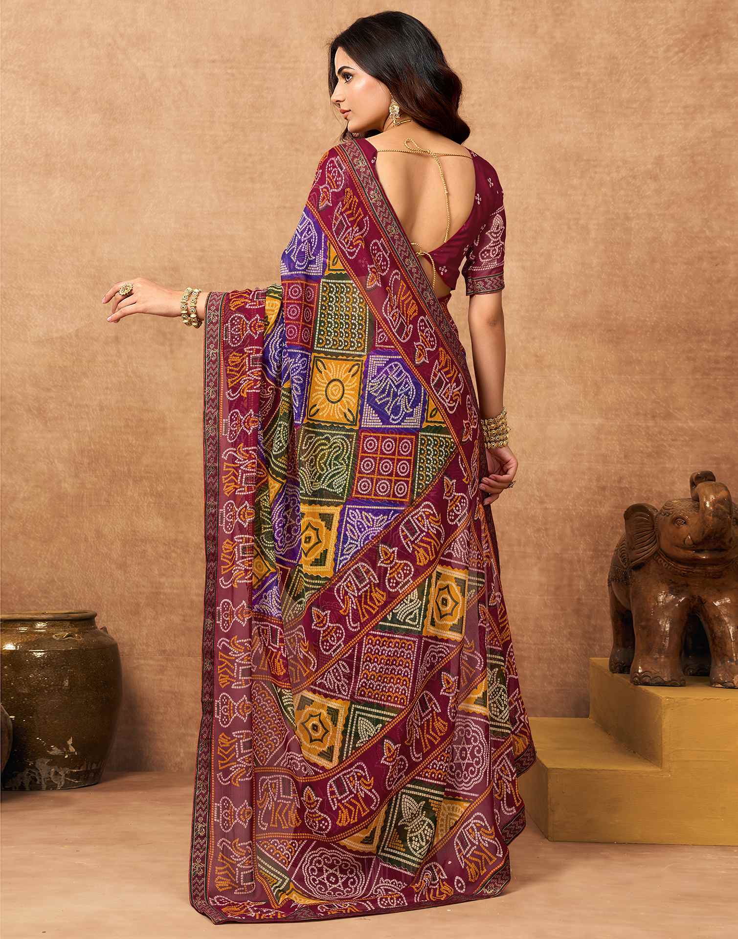 Maroon Georgette Bandhani Printed Lace Saree