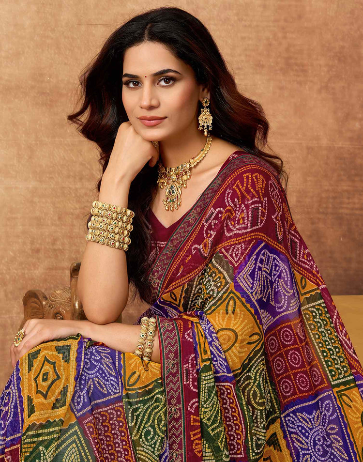 Maroon Georgette Bandhani Printed Lace Saree