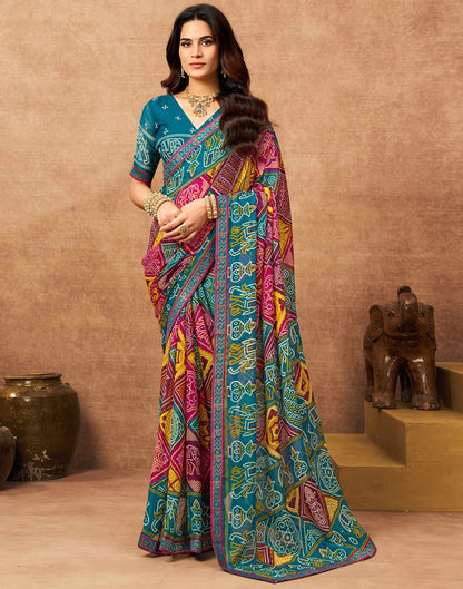 Teal Blue Georgette Bandhani Printed Lace Saree