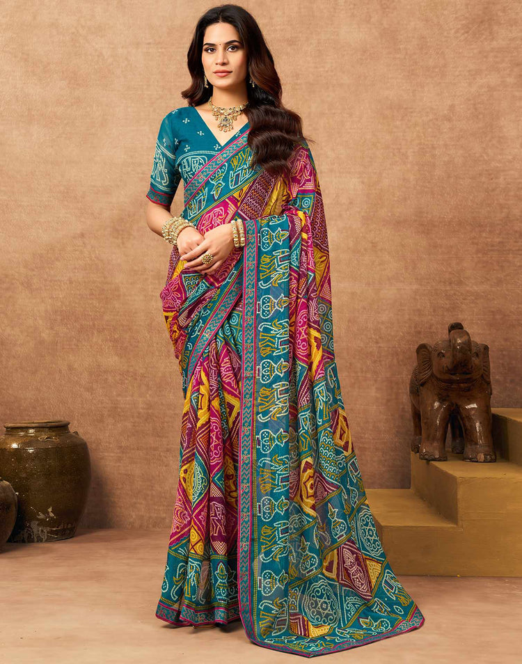 Teal Blue Georgette Bandhani Printed Lace Saree