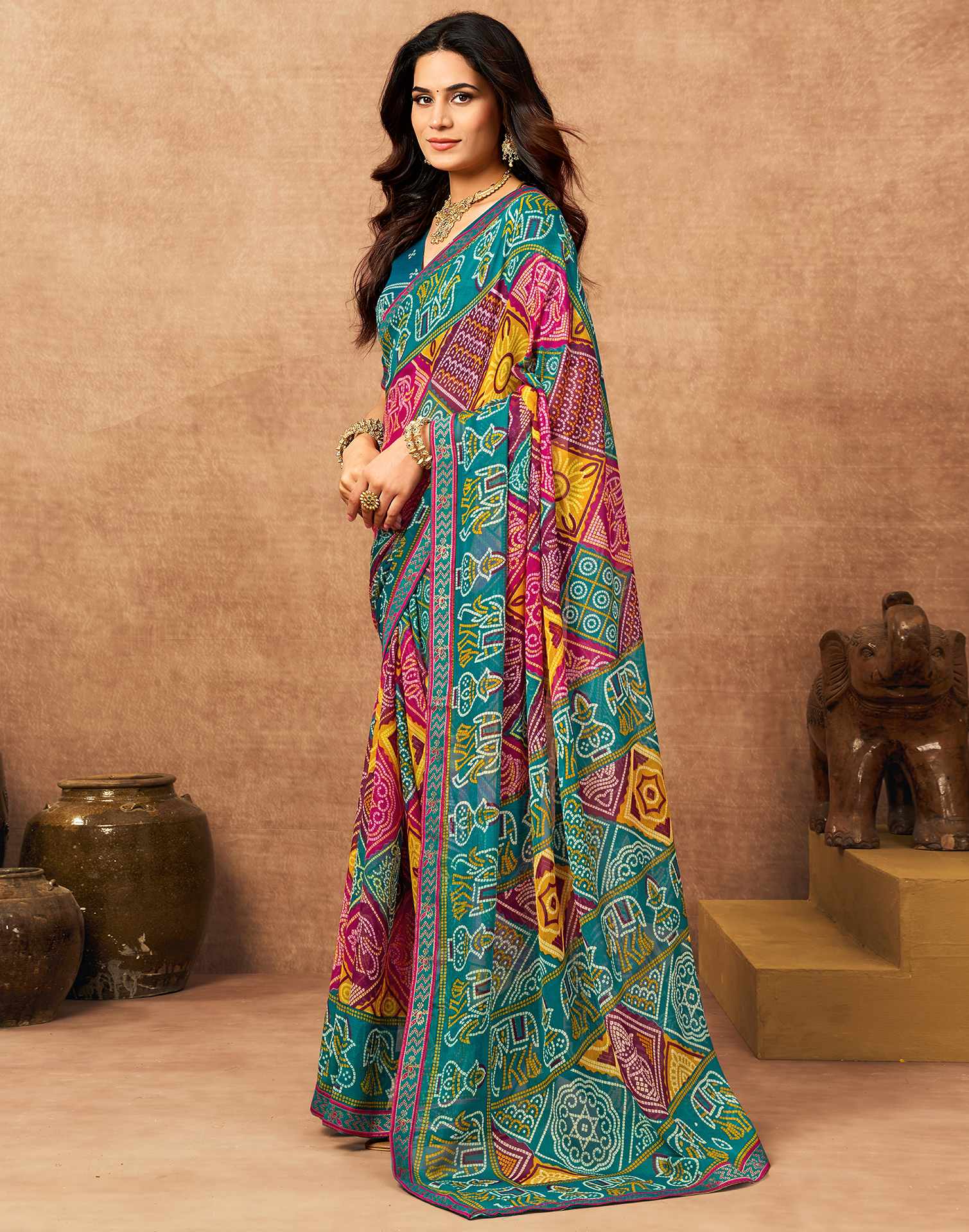 Teal Blue Georgette Bandhani Printed Lace Saree