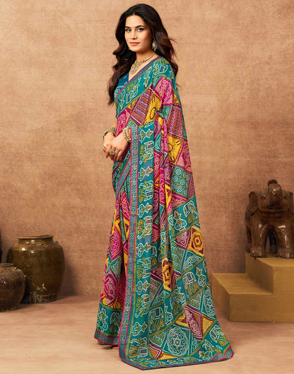 Teal Blue Georgette Bandhani Printed Lace Saree