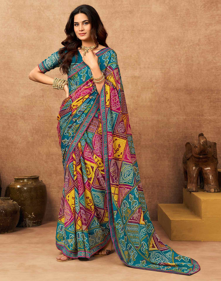 Teal Blue Georgette Bandhani Printed Lace Saree