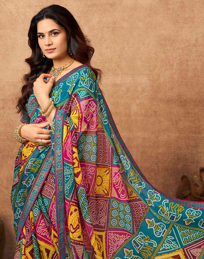Teal Blue Georgette Bandhani Printed Lace Saree