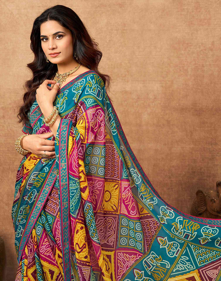Teal Blue Georgette Bandhani Printed Lace Saree