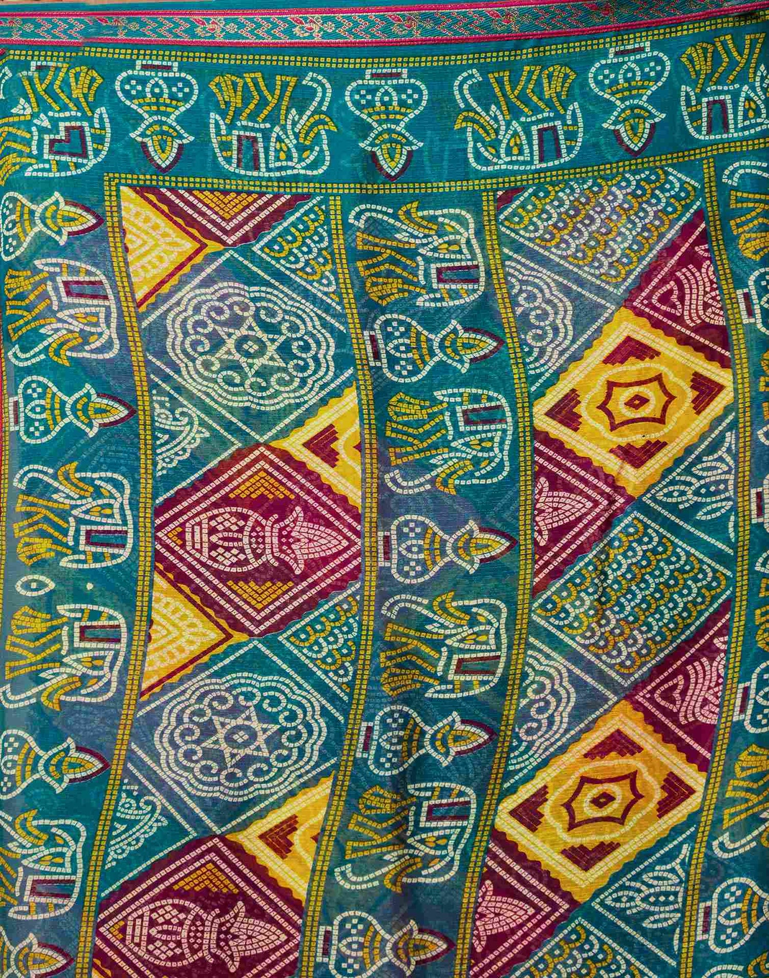 Teal Blue Georgette Bandhani Printed Lace Saree