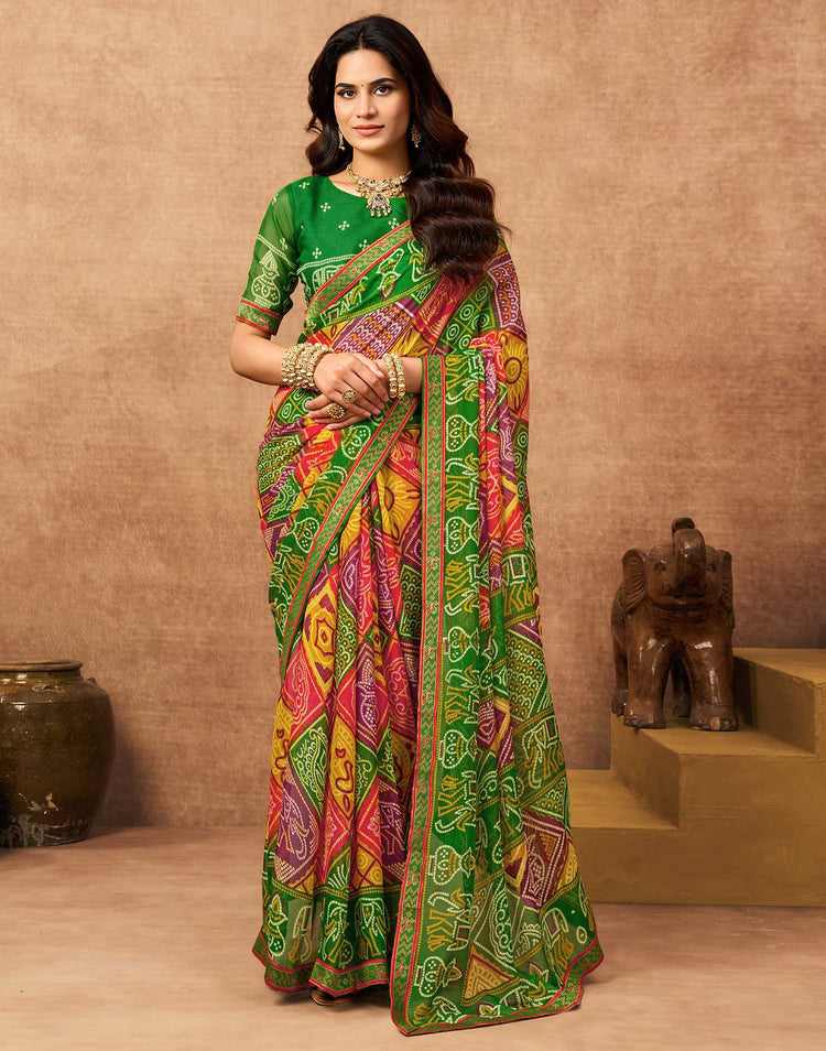 Green Georgette Bandhani Printed Lace Saree