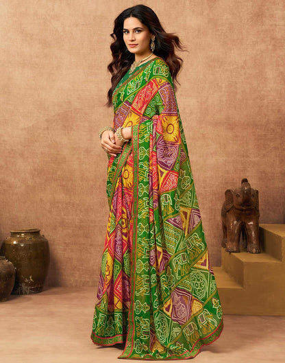 Green Georgette Bandhani Printed Lace Saree