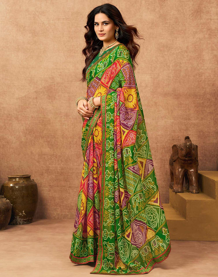 Green Georgette Bandhani Printed Lace Saree