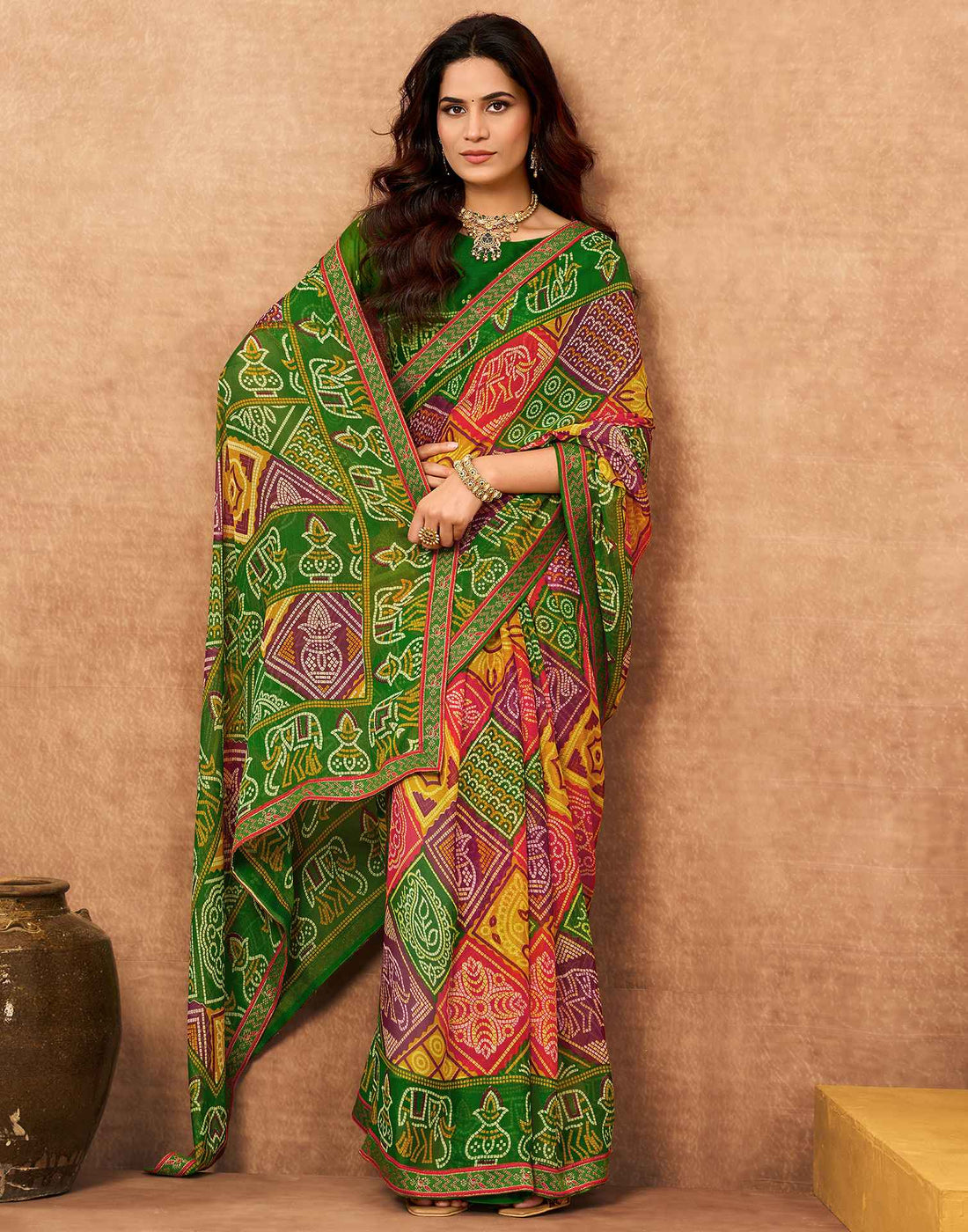 Green Georgette Bandhani Printed Lace Saree