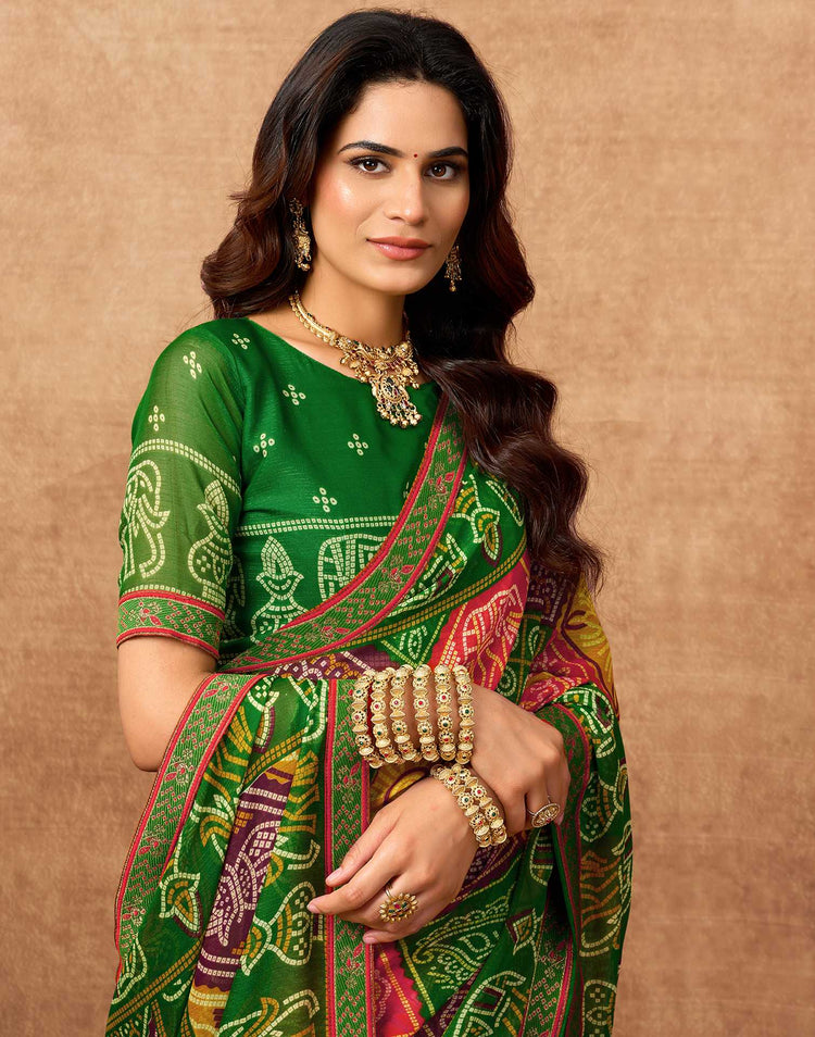 Green Georgette Bandhani Printed Lace Saree