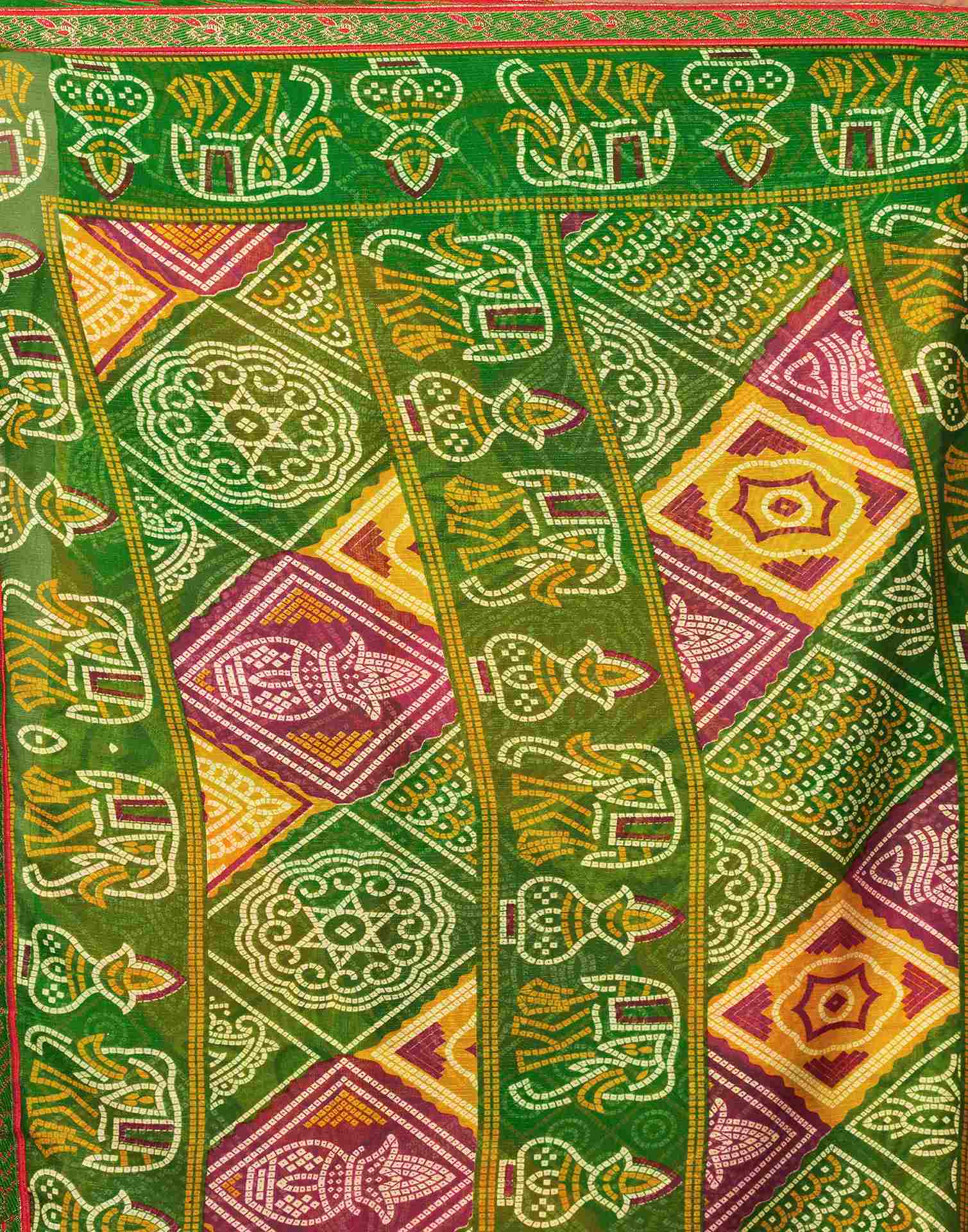 Green Georgette Bandhani Printed Lace Saree