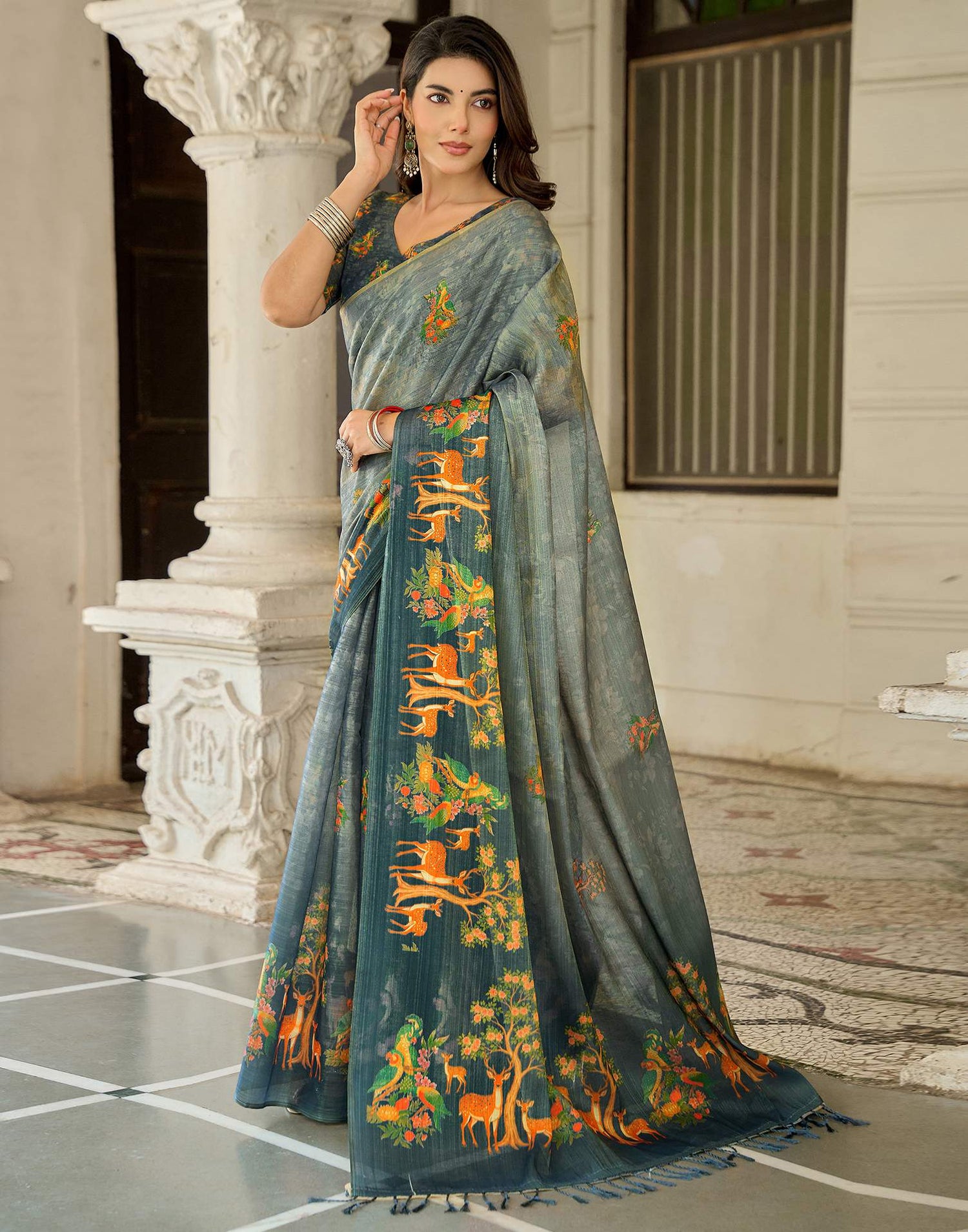 Grey Shimmer Silk Printed Saree