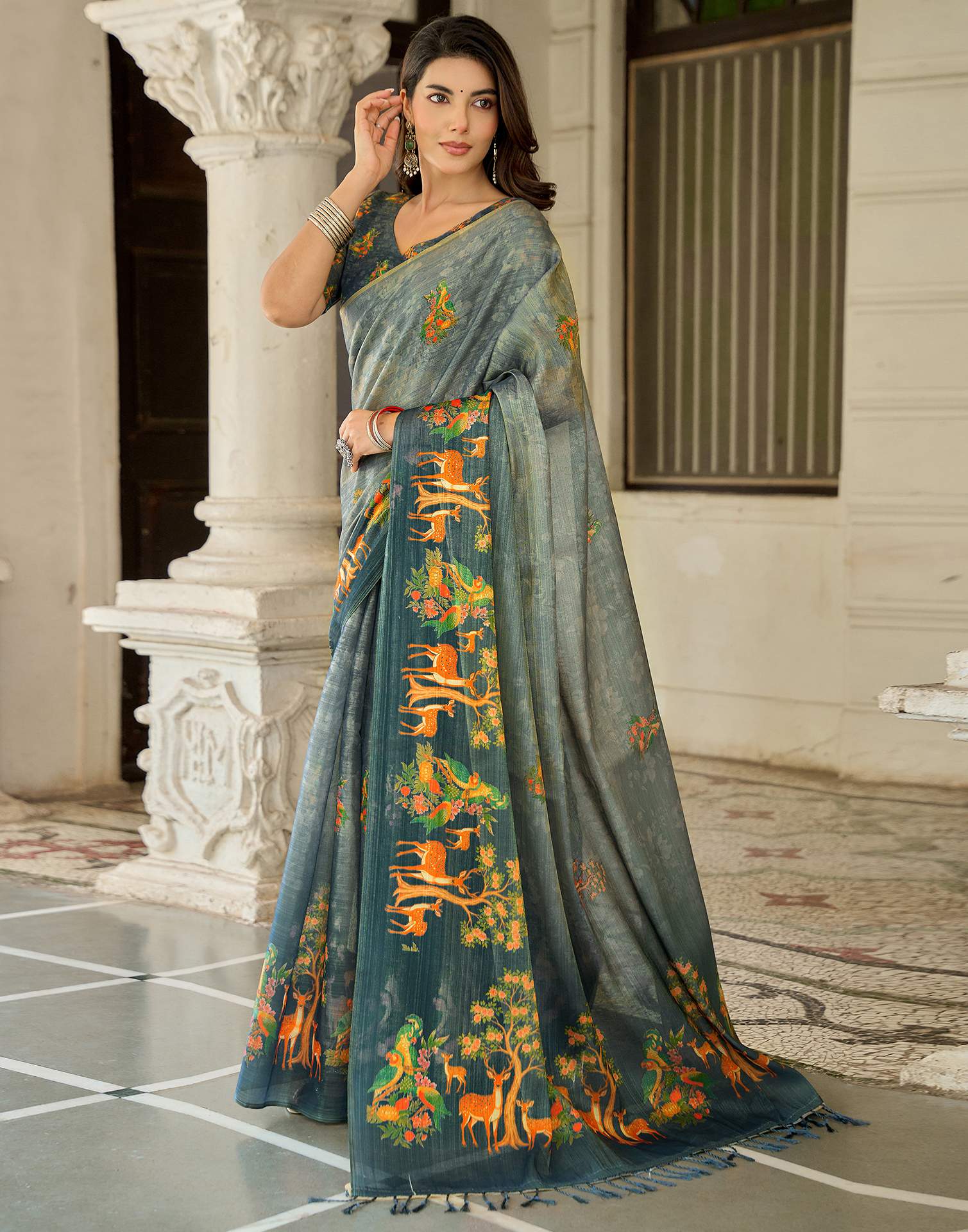 Grey Shimmer Silk Printed Saree