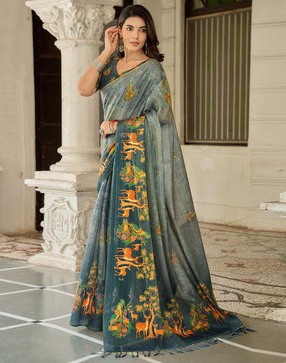 Grey Shimmer Silk Printed Saree