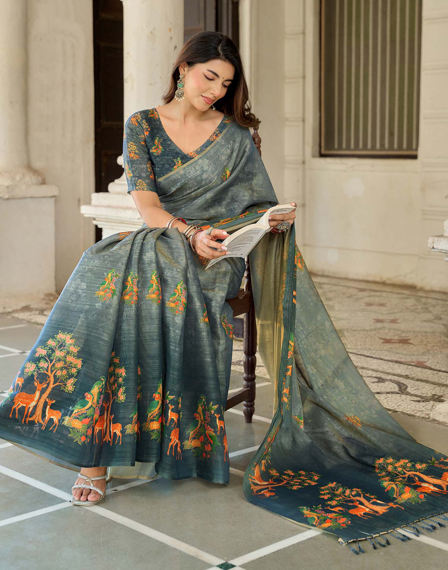 Grey Shimmer Silk Printed Saree