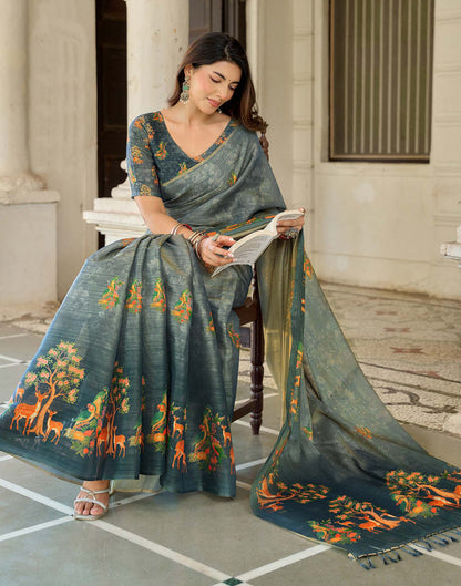 Grey Shimmer Silk Printed Saree