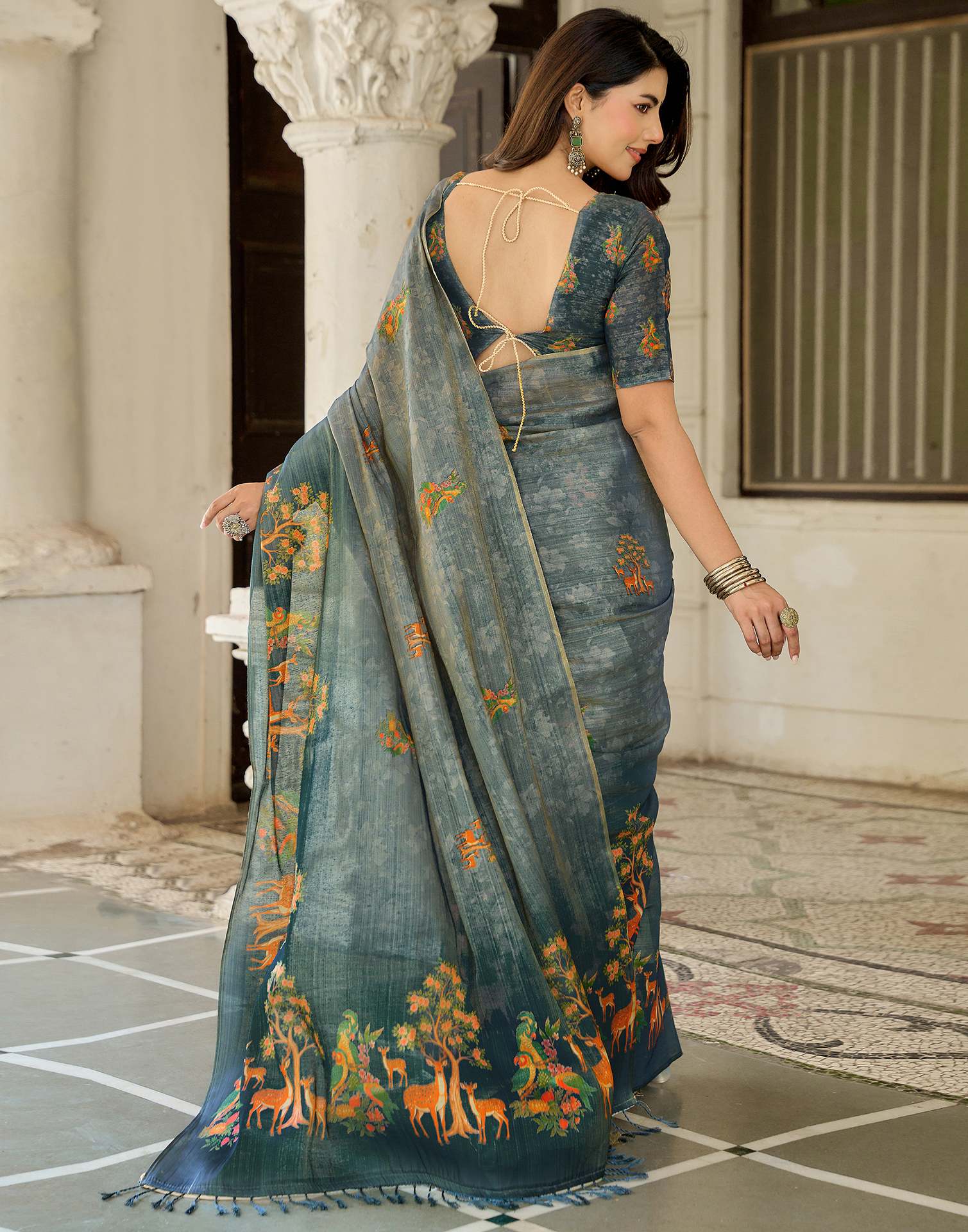 Grey Shimmer Silk Printed Saree