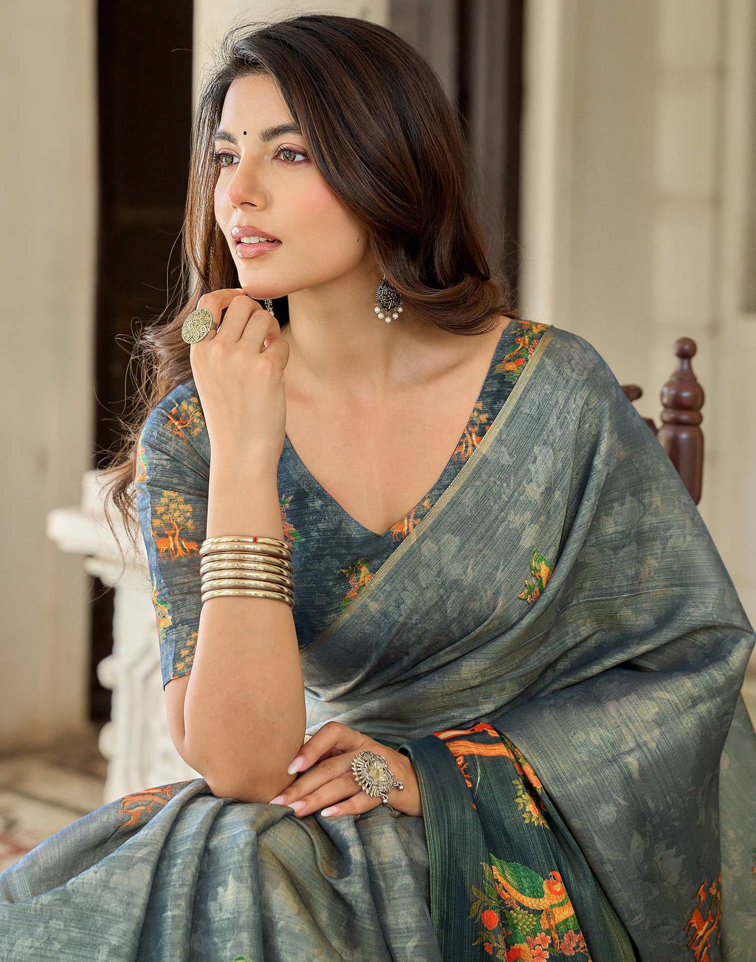 Grey Shimmer Silk Printed Saree