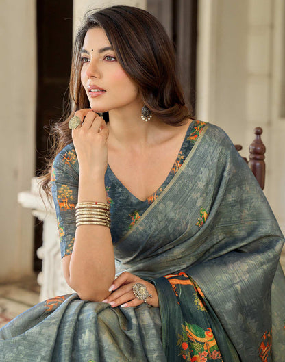 Grey Shimmer Silk Printed Saree