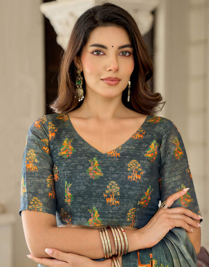 Grey Shimmer Silk Printed Saree