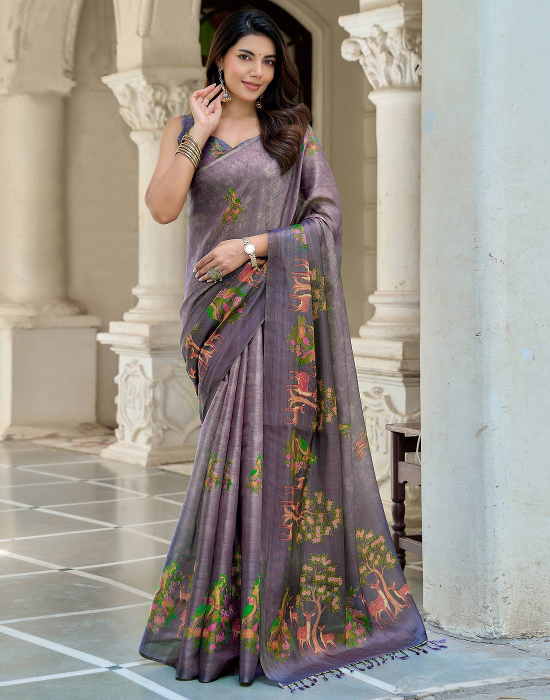 Dusty Purple Shimmer Silk Printed Saree