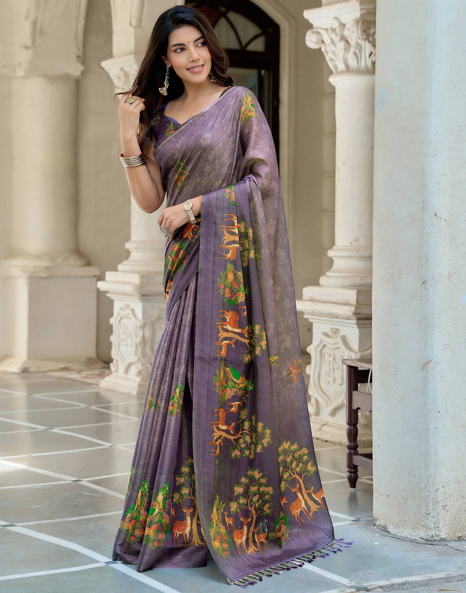 Dusty Purple Shimmer Silk Printed Saree