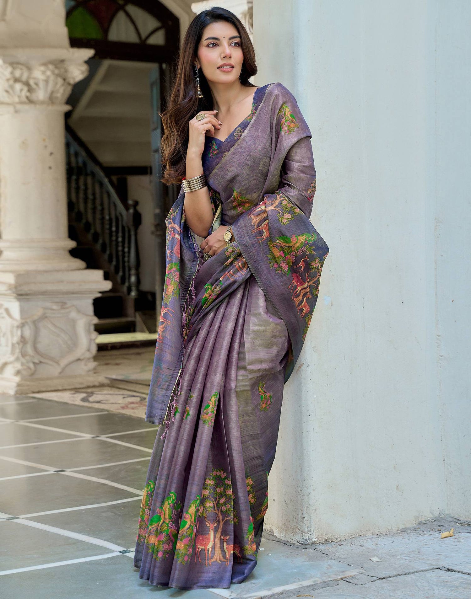 Dusty Purple Shimmer Silk Printed Saree