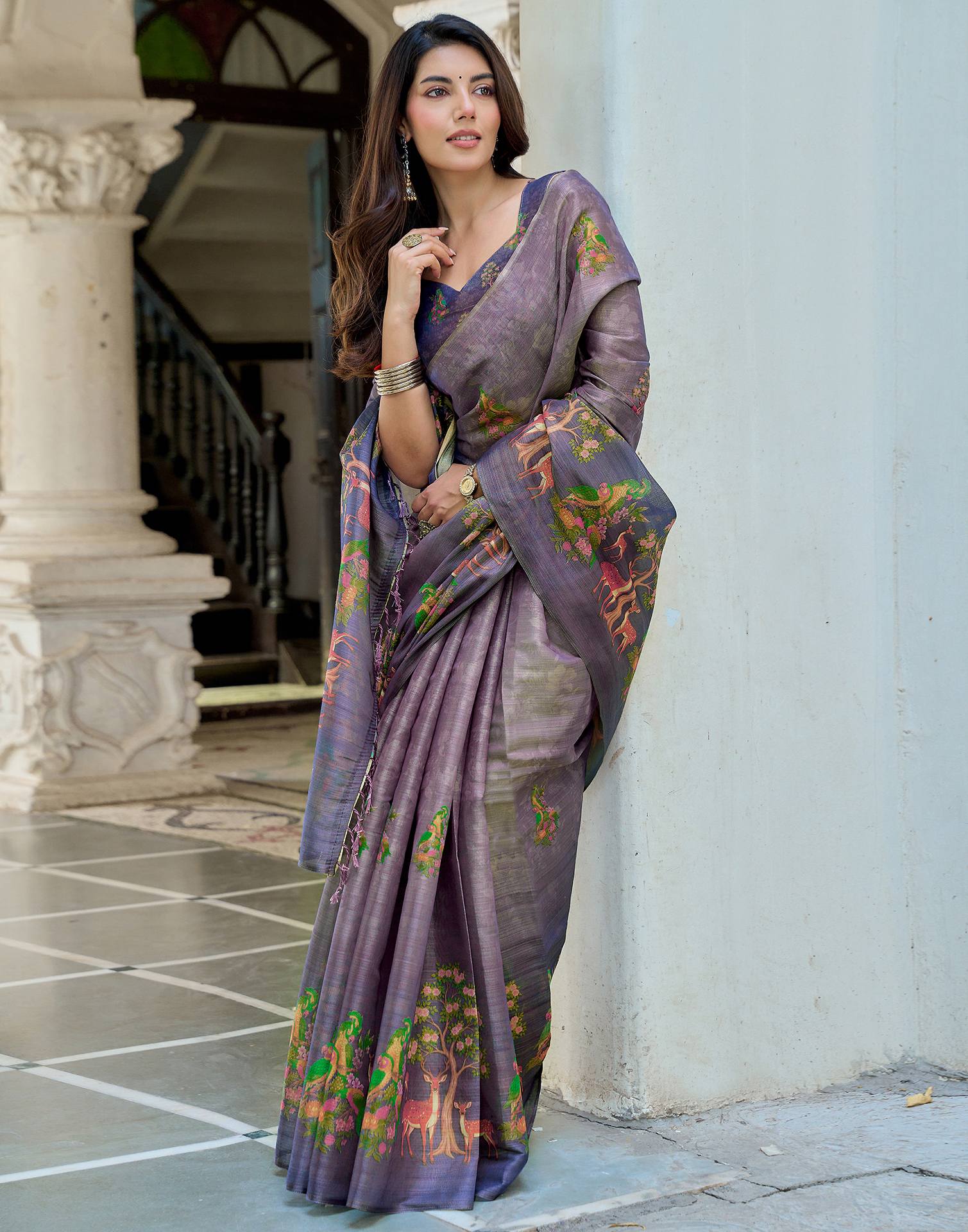 Dusty Purple Shimmer Silk Printed Saree