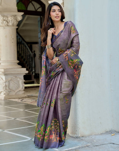 Dusty Purple Shimmer Silk Printed Saree