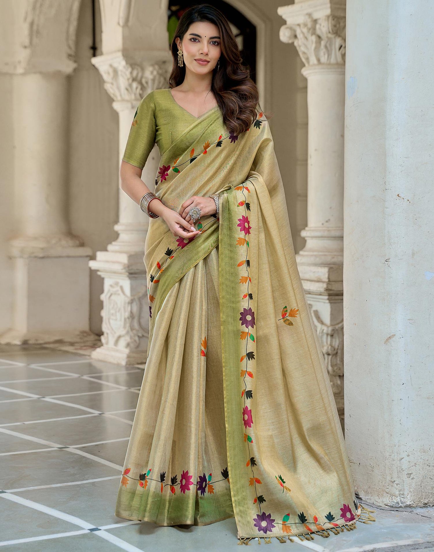 Beige Shimmer Silk Printed Saree