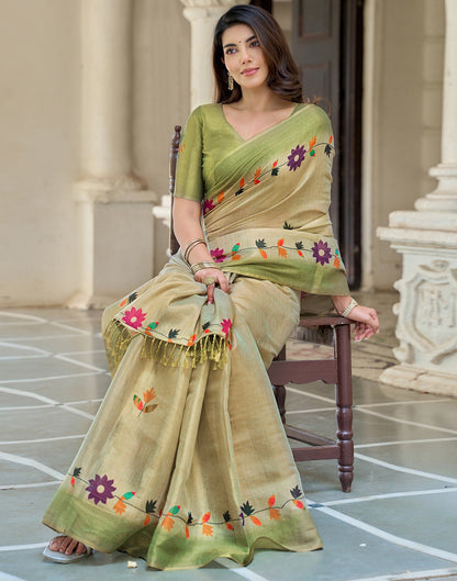 Beige Shimmer Silk Printed Saree