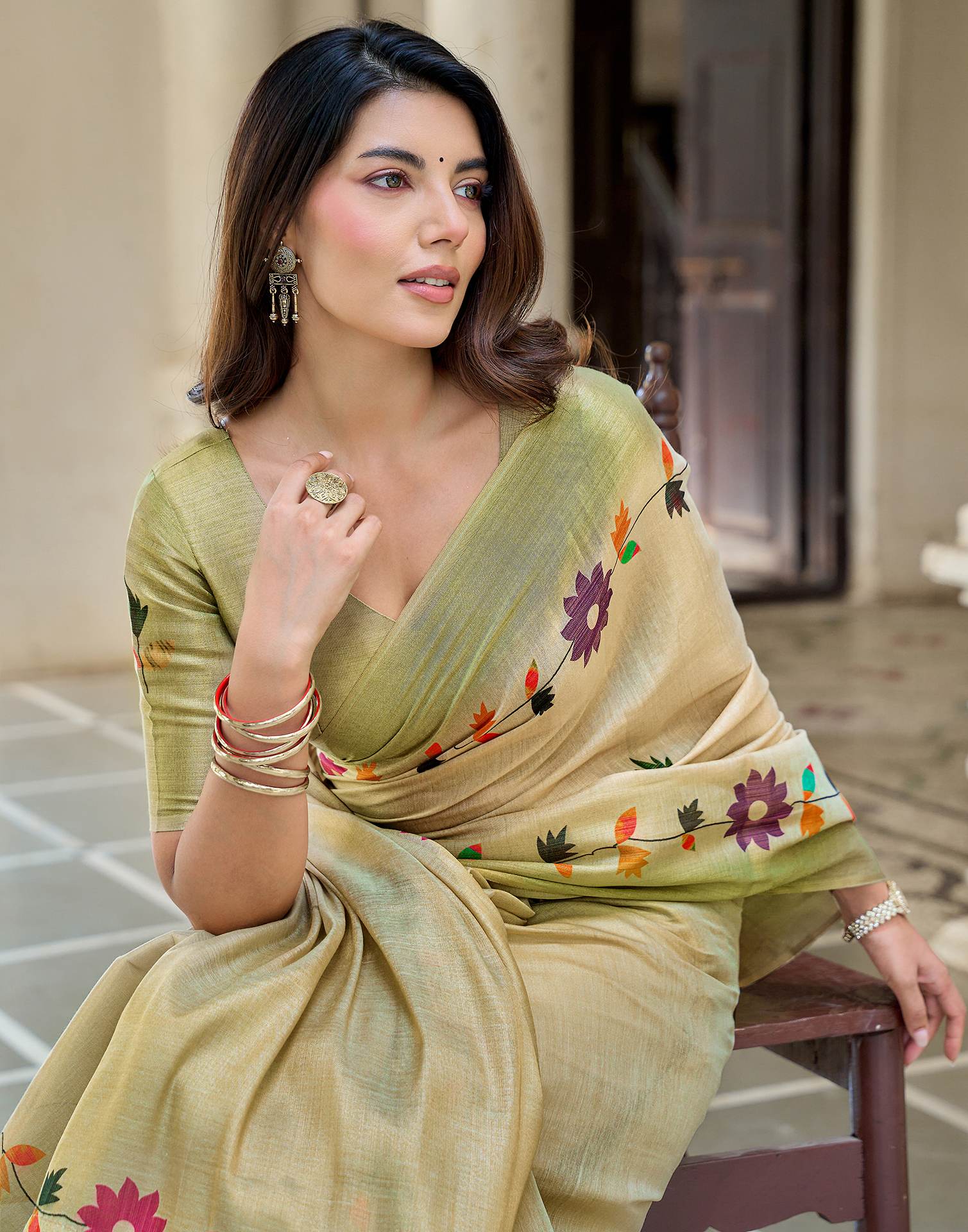 Beige Shimmer Silk Printed Saree