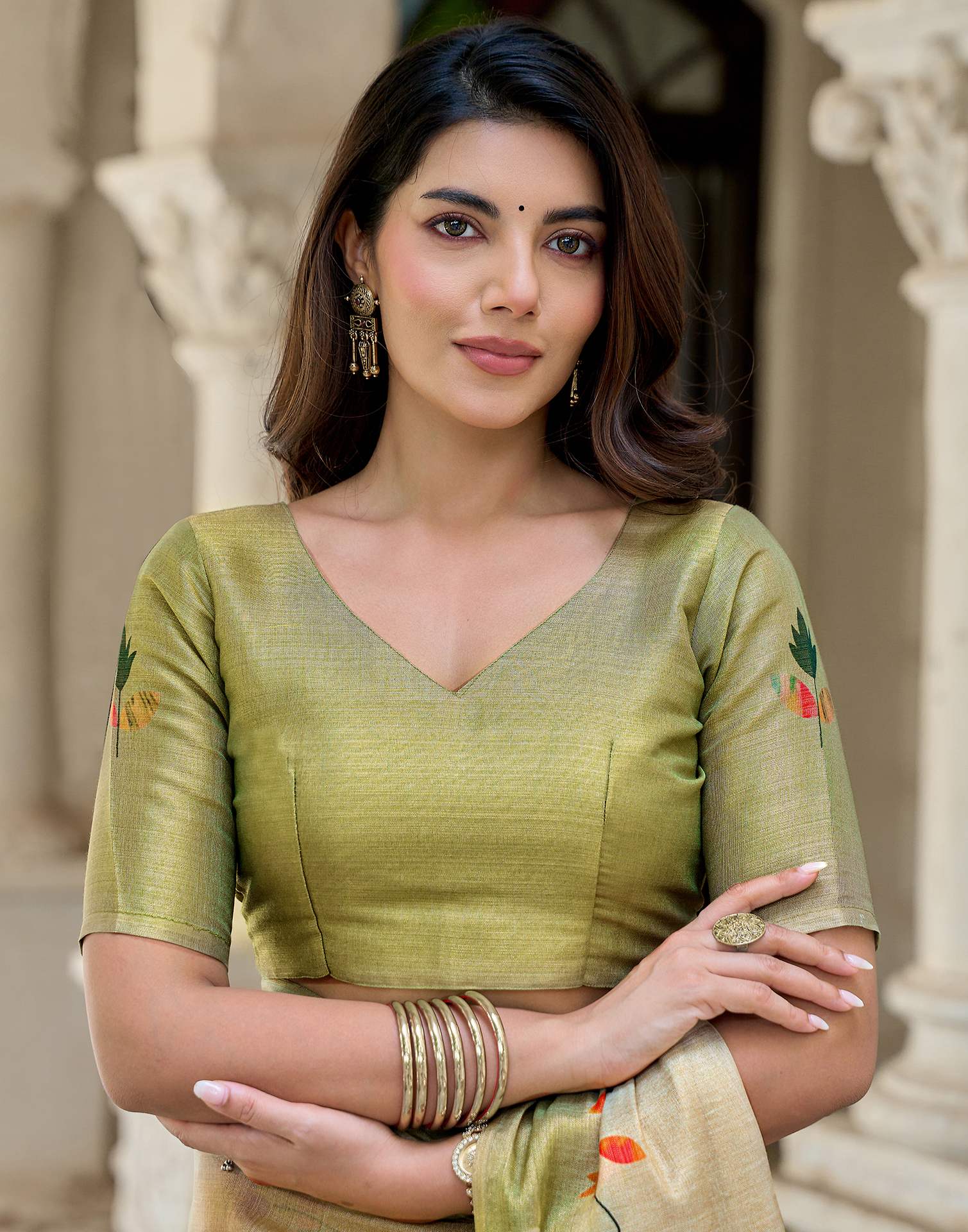 Beige Shimmer Silk Printed Saree