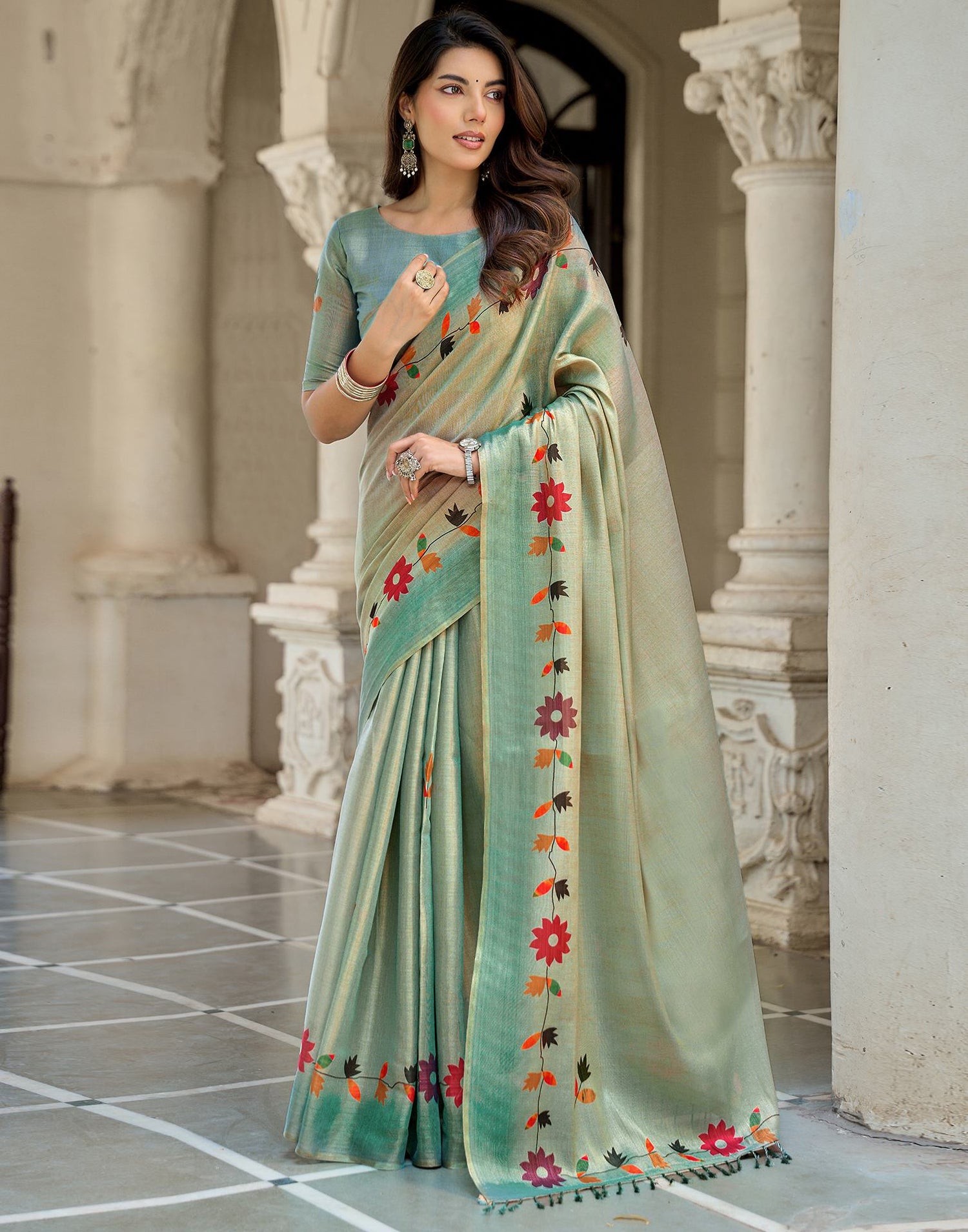 Dusty Mint Blue Shimmer Silk Printed Saree