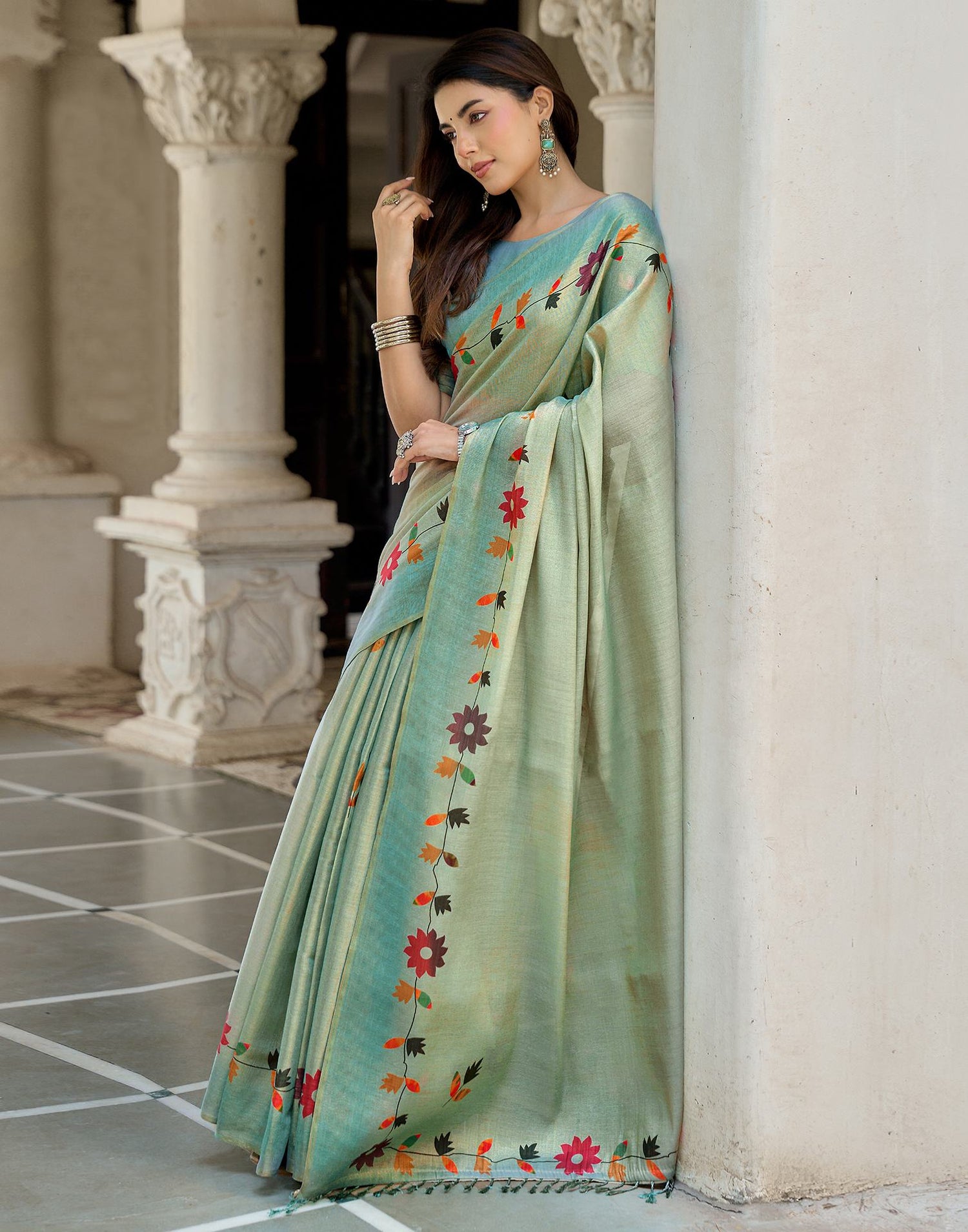 Dusty Mint Blue Shimmer Silk Printed Saree