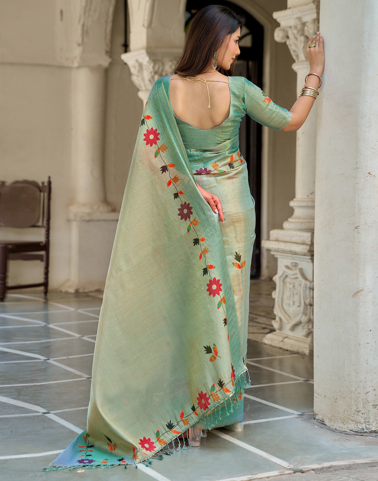 Dusty Mint Blue Shimmer Silk Printed Saree