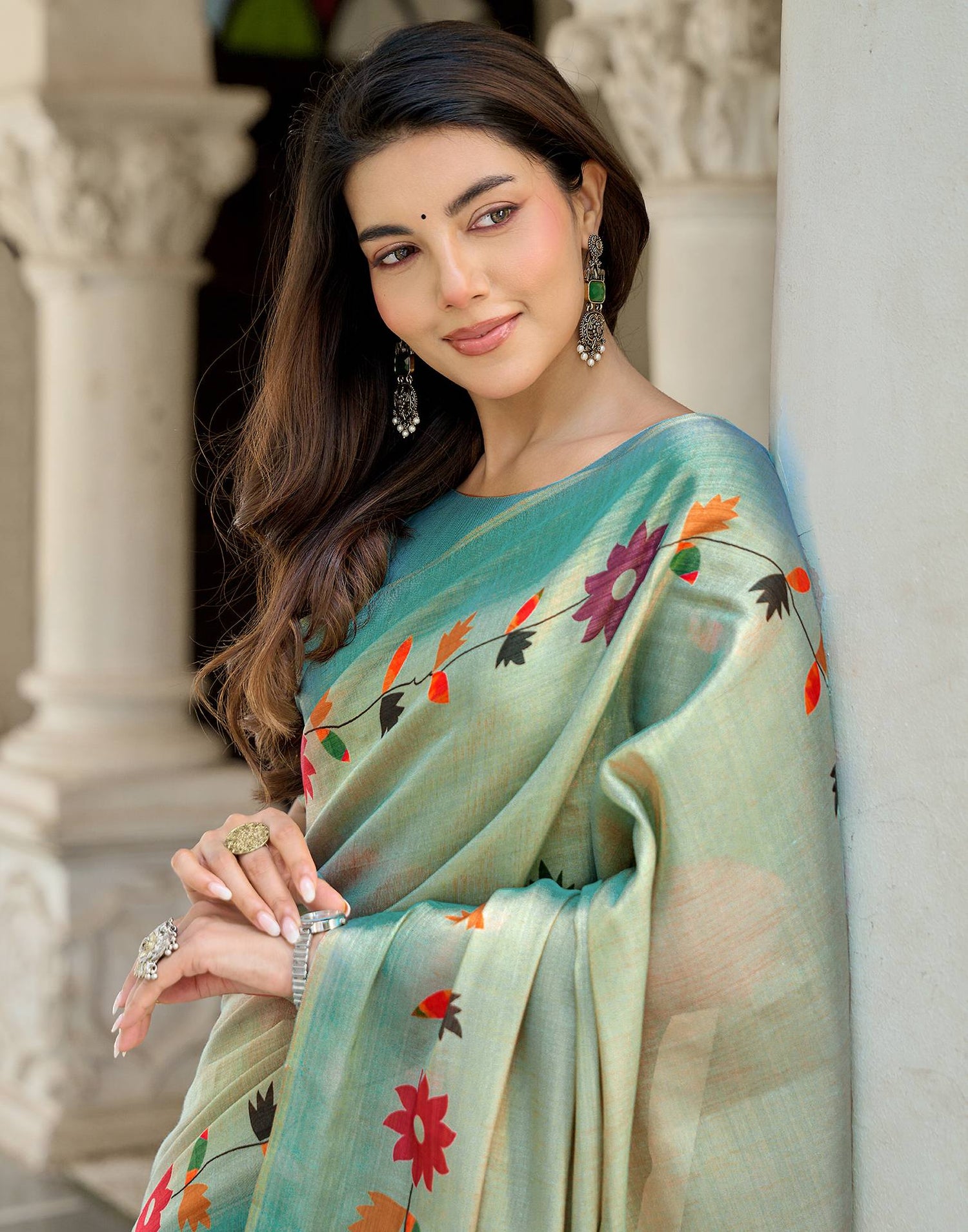 Dusty Mint Blue Shimmer Silk Printed Saree