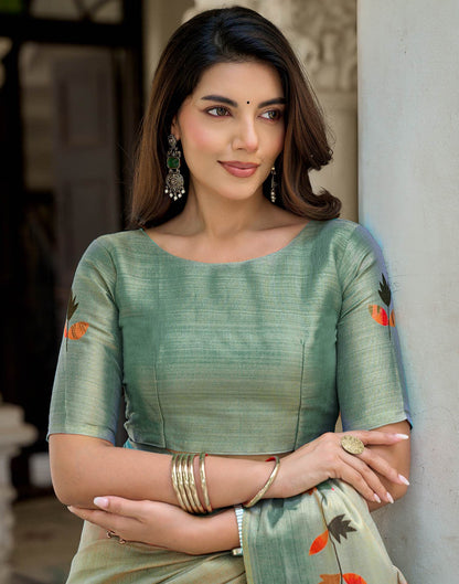 Dusty Mint Blue Shimmer Silk Printed Saree