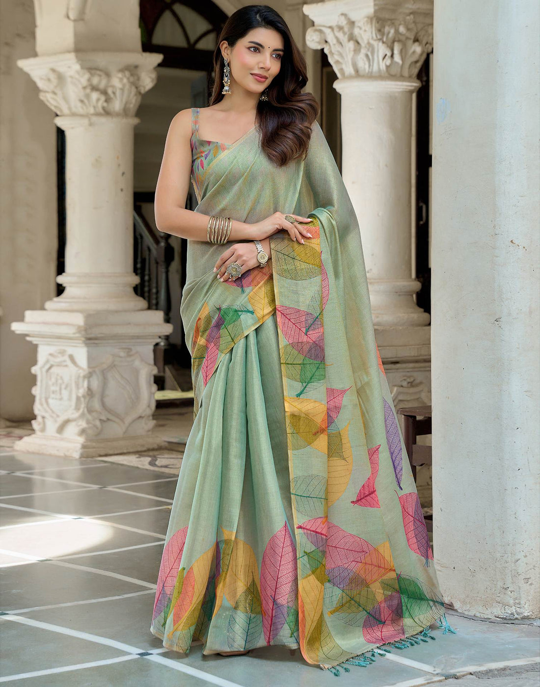 Mint Blue Shimmer Silk Printed Saree