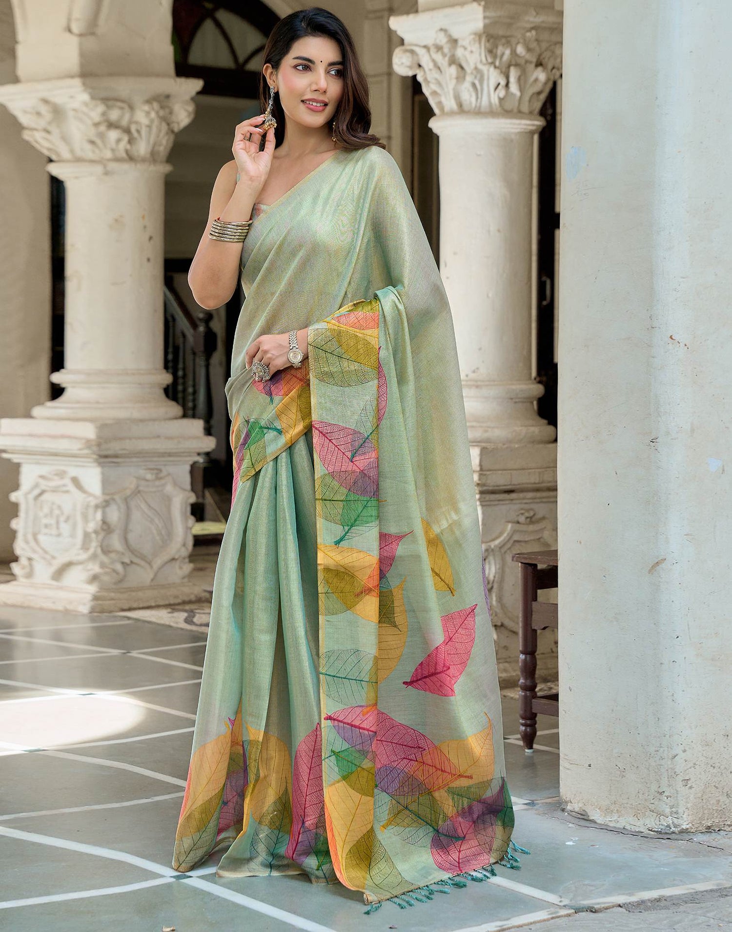 Mint Blue Shimmer Silk Printed Saree