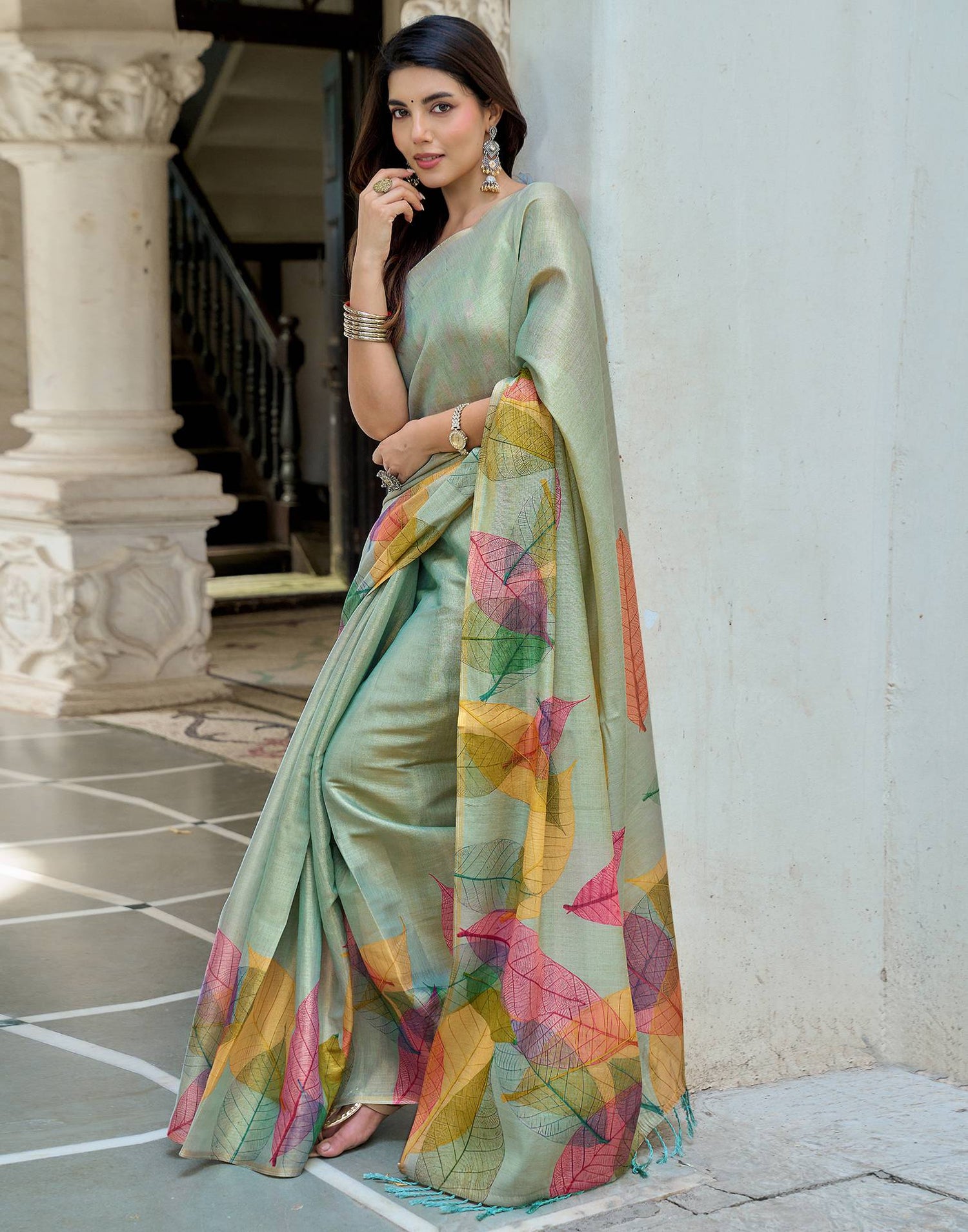 Mint Blue Shimmer Silk Printed Saree