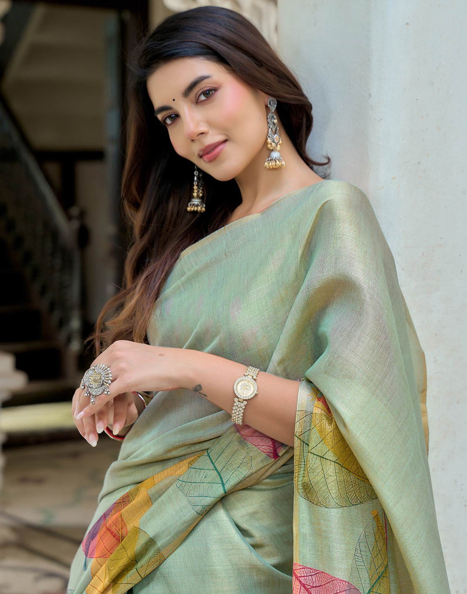 Mint Blue Shimmer Silk Printed Saree