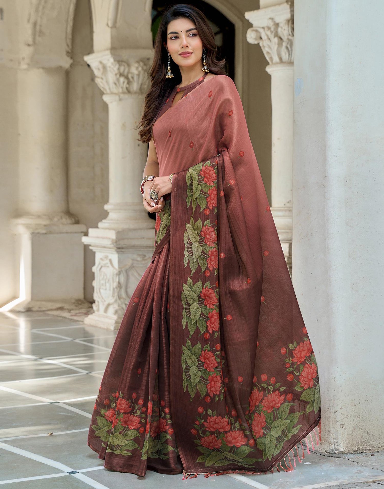 Dusty Rose Pink Shimmer Silk Printed Saree