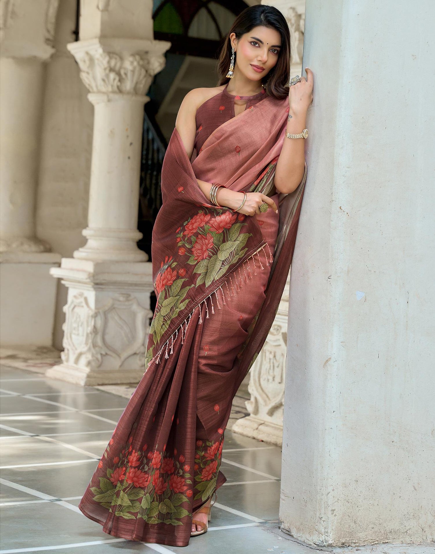 Dusty Rose Pink Shimmer Silk Printed Saree